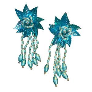 Vintage Turqouise Blue Leaf Beaded Dangle Clip-on Earrings